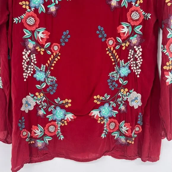 Johnny Was Top Women S Red Embroidered Floral Boho Hippie Peasant Western - Picture 3 of 8
